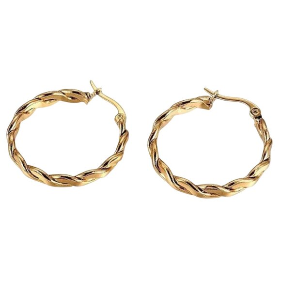 1 1/8 Inch 31mm Braided Hoop Pierced Post Earrings Gold Tone 3mm Wide Band - Picture 2 of 5